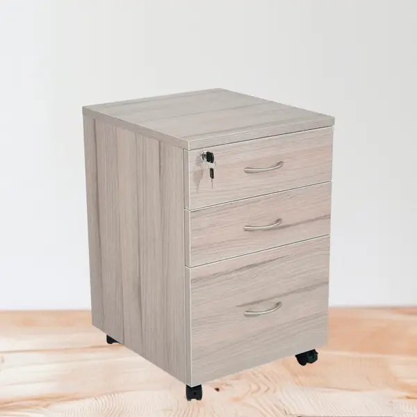 Archivero de madera clara con tres cajones y cerradura, diseñado por proveedor de muebles de oficina en México