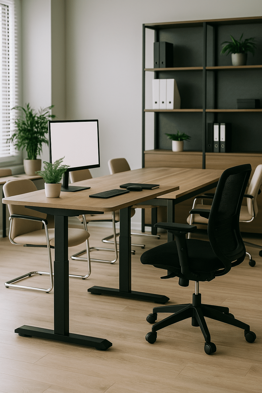 Oficina moderna con escritorio de altura ajustable y silla ergonómica negra, ideal para quienes buscan muebles para oficina moderna