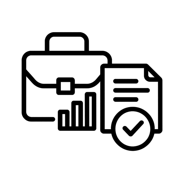 Icono de portafolio y documentos que representa la atención empresarial de un proveedor de muebles de oficina.