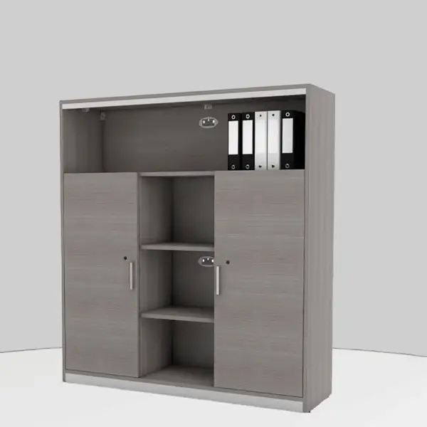 Librero archivero en acabado gris con espacio para carpetas y archiveros, diseñado por proveedor de muebles para oficin