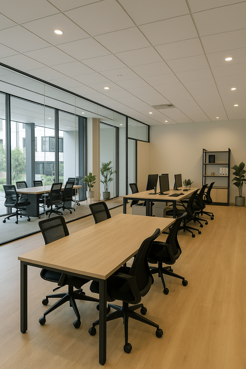 Oficina abierta con mesas operativas y muros de cristal, montaje realizado por proveedor de muebles de oficina en México