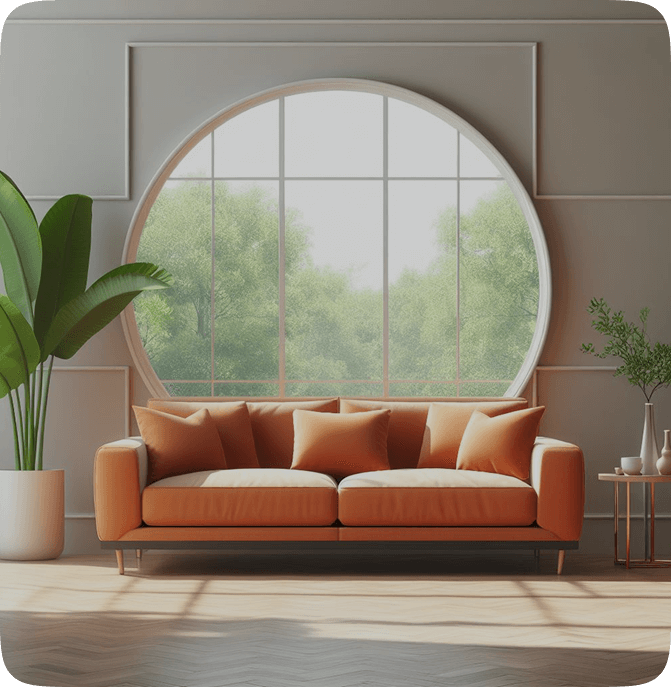 Sofá naranja en sala minimalista con gran ventanal circular, parte de una línea de muebles minimalistas en CDMX